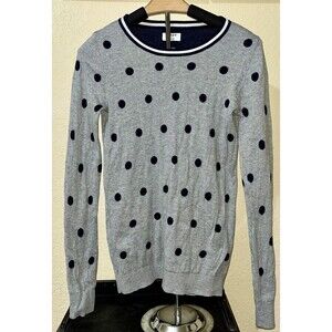 J.Crew Womens Cotton Teddie Sweater Gray Navy Polka Dot Crew Neck Pullover Sz XS